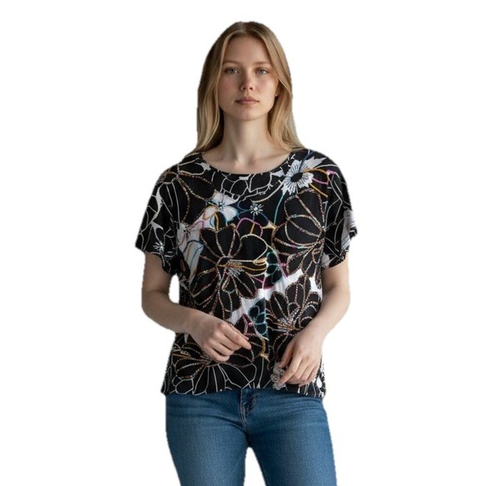 Coldwater Creek Black Floral Tunic Womens XL Mixed Media Artsy Art to Wear Teach